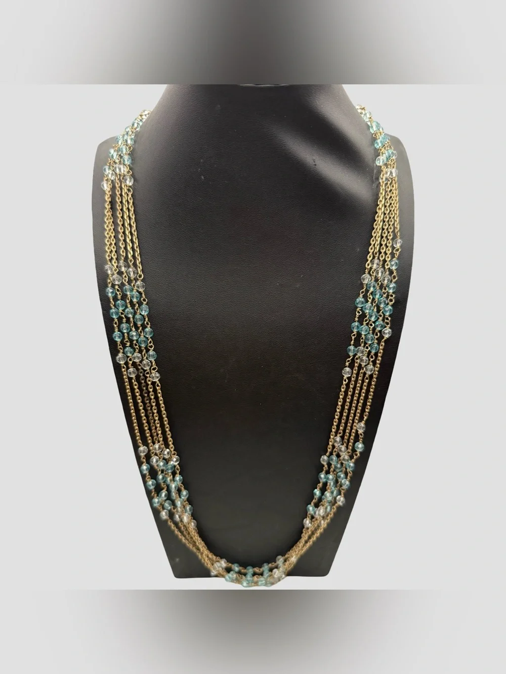 Talbots Multi-Strand Blue Bead Gold Chain Statement Necklace